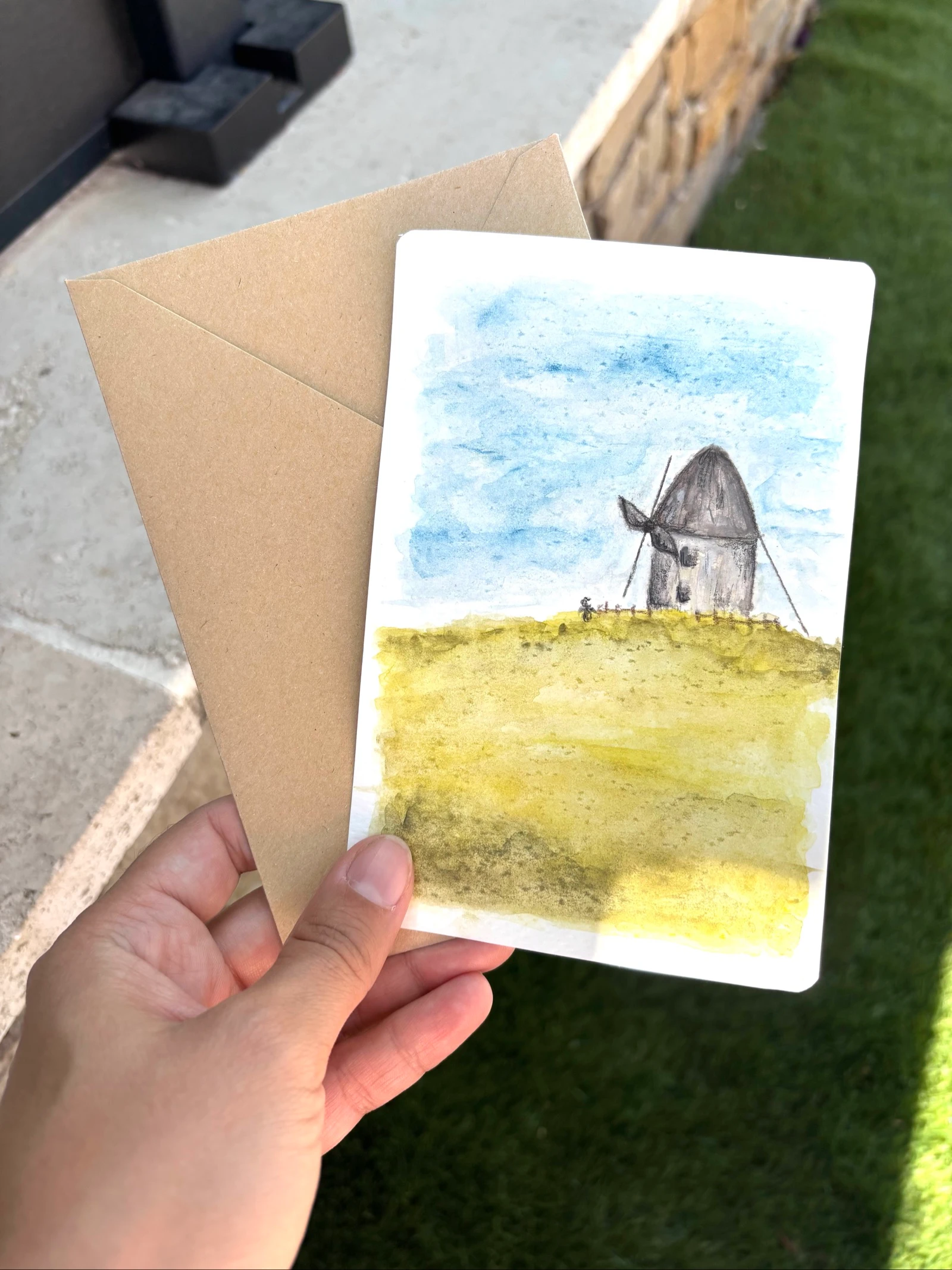 Dessin aquarelle moulin paysage 